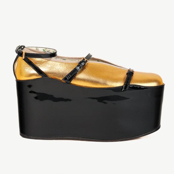 Gucci Gold & Black Patent Leather Hannelore Detachable Platform Flat - Picture 1 of 13